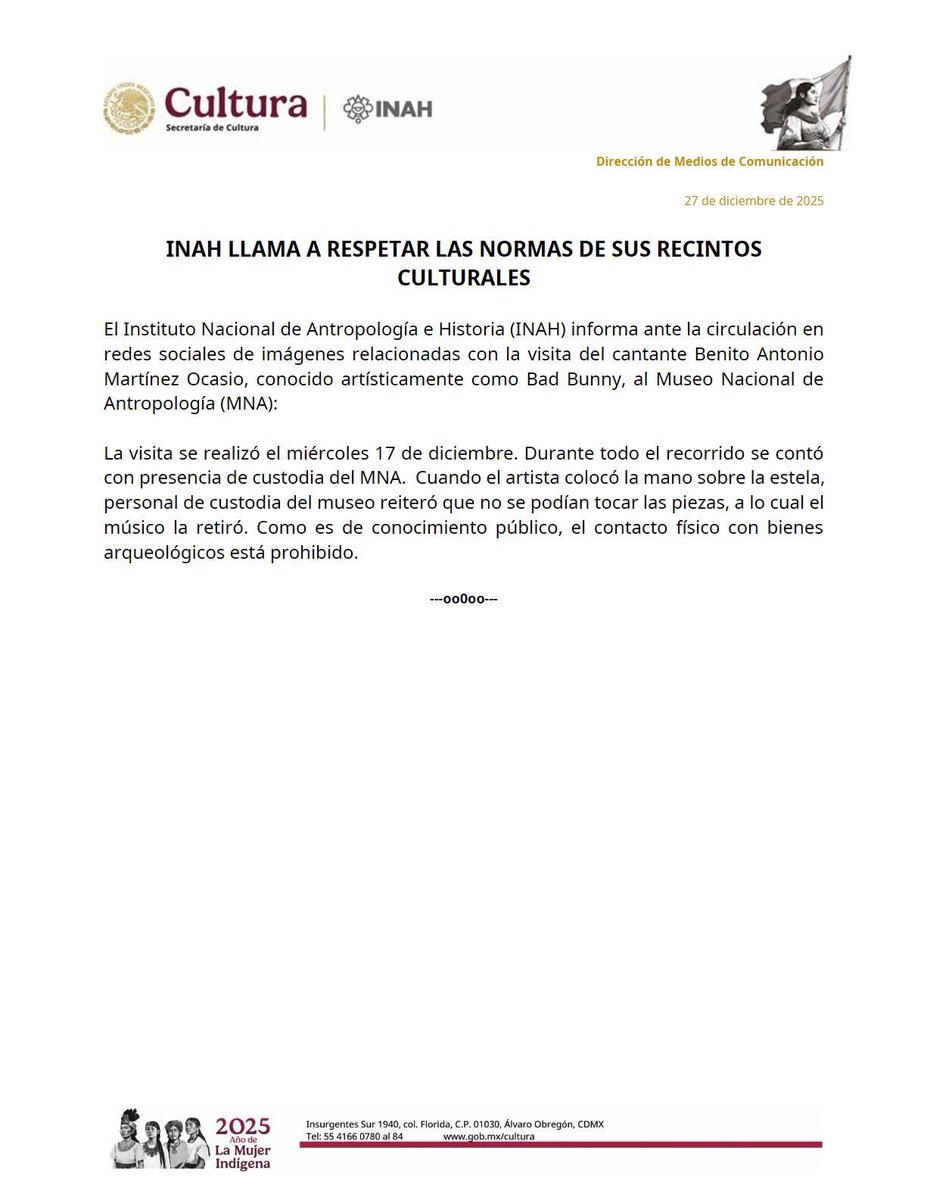 🚨#AlertaADN El INAH emite un comunicado sobre la polémica foto de Bad Bunny tocando una pieza en el Museo Nacional de Antropología durante su visita el 17 de diciembre https://t.co/ugoCTpc2F0