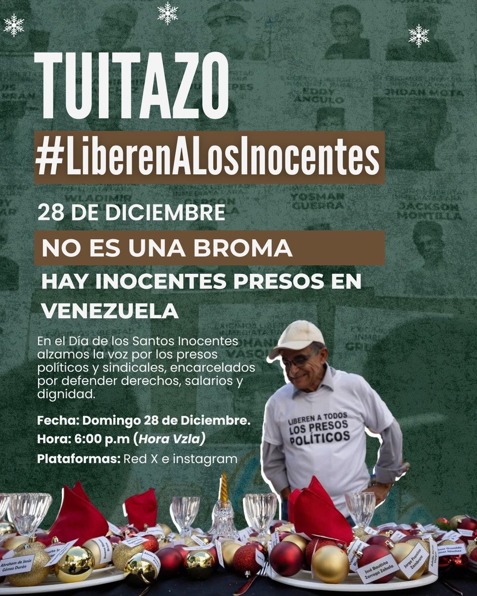 profe_ipc87's tweet photo. Este #Dom28 , día de los santos inocentes, familiares, trabajadores, amigos, ciudadanos, te invitamos a sumarte al equistazo (tuitazo) #LiberenALosInocentes, para exigir justicia y libertad. Hora: 6:00 PM #Libertad #Inocentes #Trabajadores https://t.co/iI8gPB7jpr