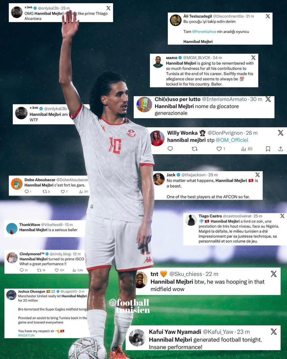 Malgré la défaite, les mauvais choix  tactiques de Trabelsi qui s’est totalement planté  et un arbitre désastreux , il faut encore souligner la grosse prestation d’Hannibal Mejbri.
#NGATUN #CAN2025