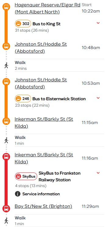 MelbOnTransit's tweet image. Journey Planner craziness. Did you know that TV's journey planner is biased to favour SkyBus even on non-airport trips you can't use it for? Take this trip from Box Hill North to Brighton Beach where it recommends the Frankston Skybus from St Kilda to Brighton. #springst