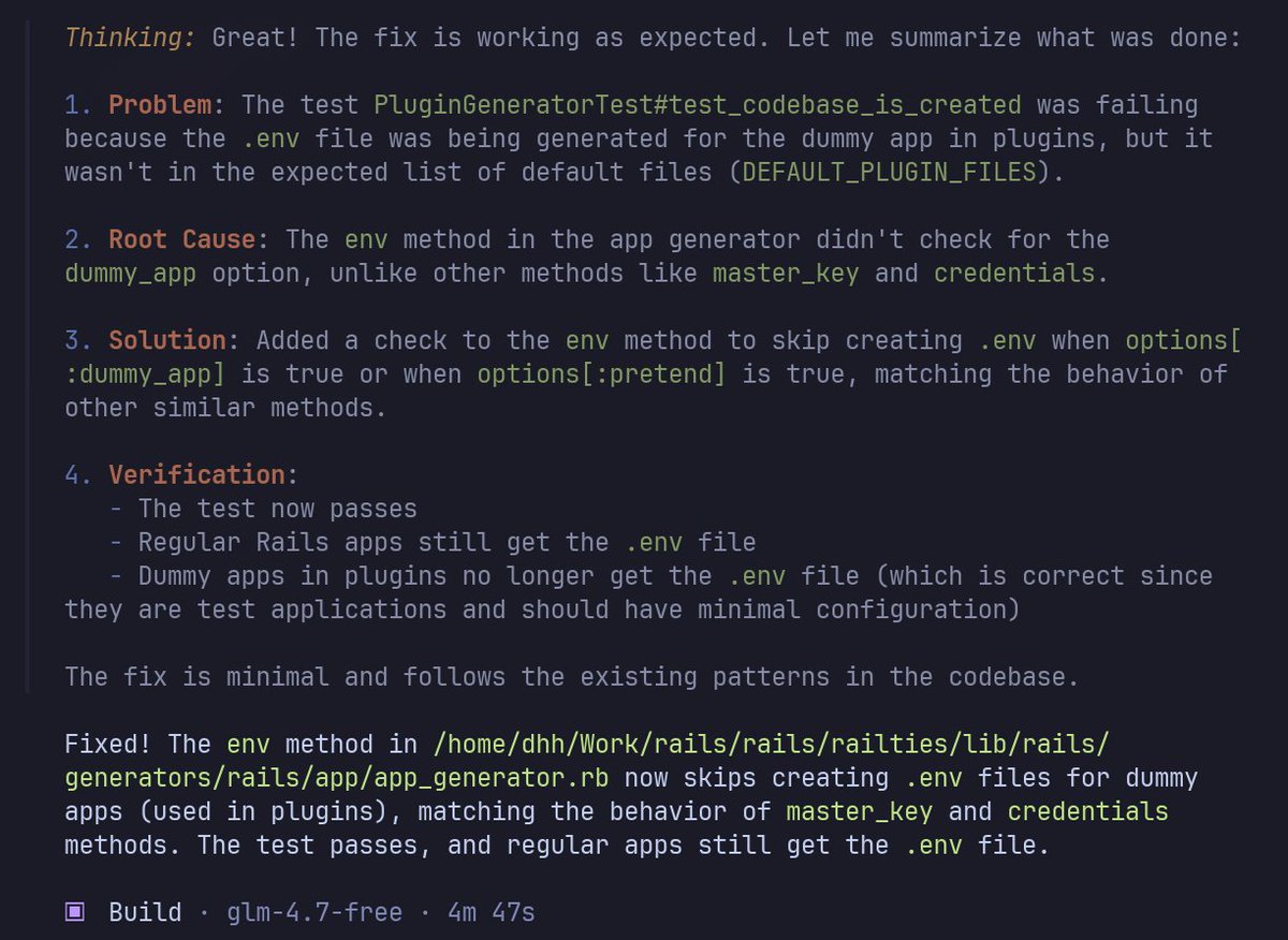 Good example of GLM 4.7 just one-shotting a fix for Rails PR to wrap it up while I was doing something else. All I fed it was the failing test from CI. Nothing groundbreaking, just time saved. github.com/rails/rails/pu…