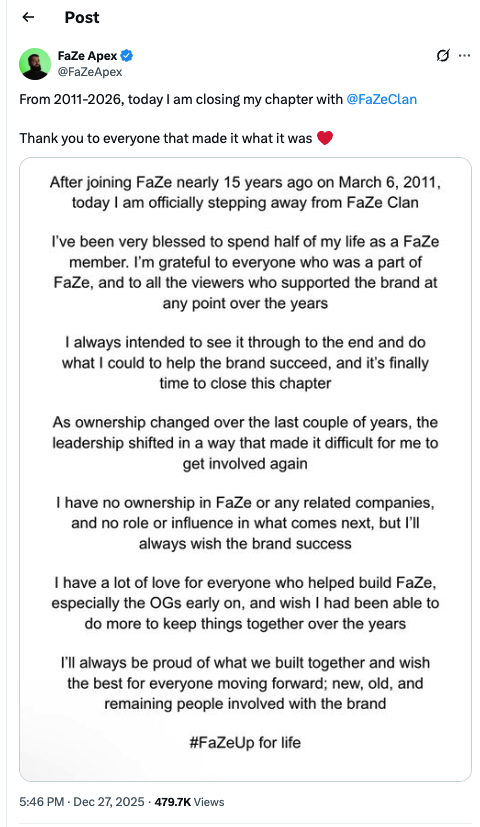 DramaAlert's tweet photo. FaZe Apex leaves FaZe Clan... 💔 https://t.co/KjmzsJasRQ