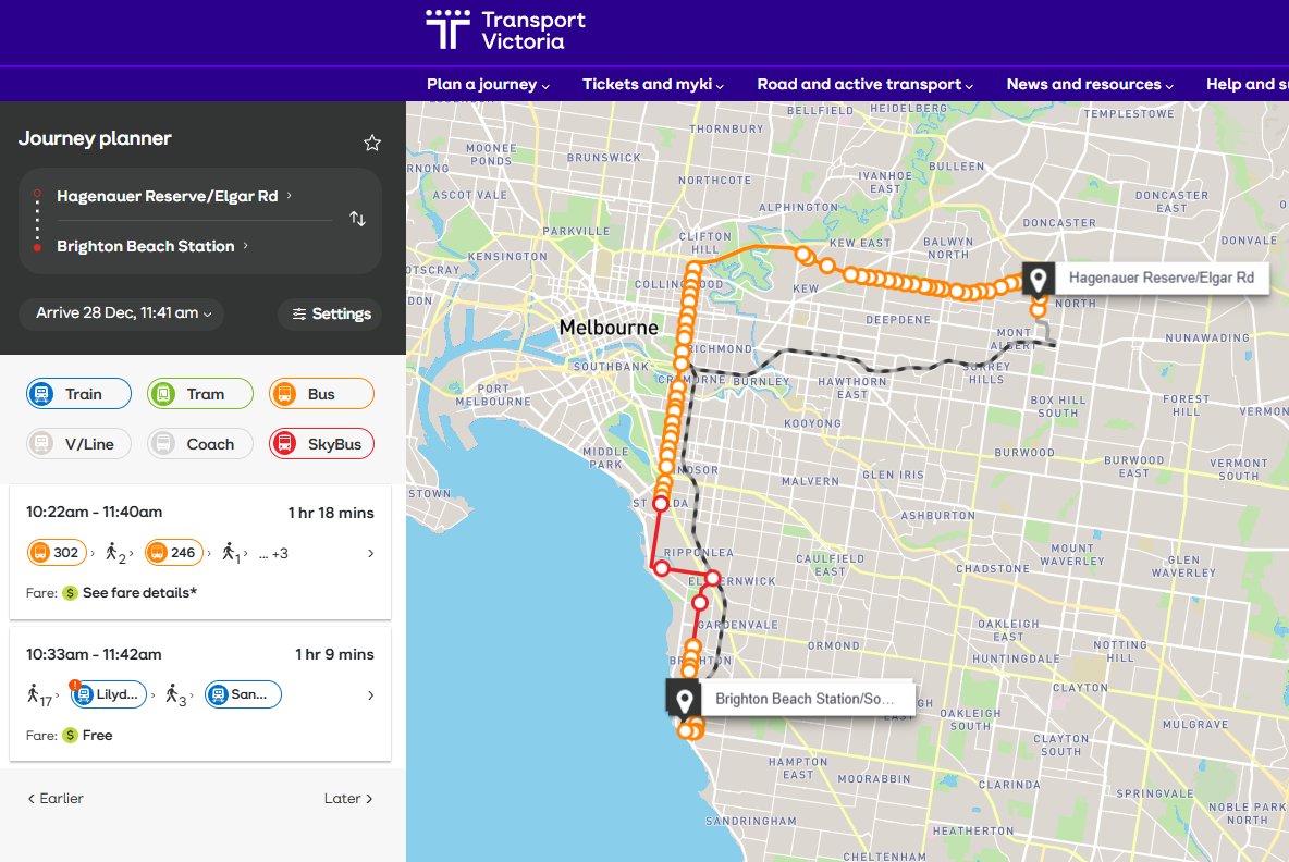 MelbOnTransit's tweet image. Journey Planner craziness. Did you know that TV's journey planner is biased to favour SkyBus even on non-airport trips you can't use it for? Take this trip from Box Hill North to Brighton Beach where it recommends the Frankston Skybus from St Kilda to Brighton. #springst