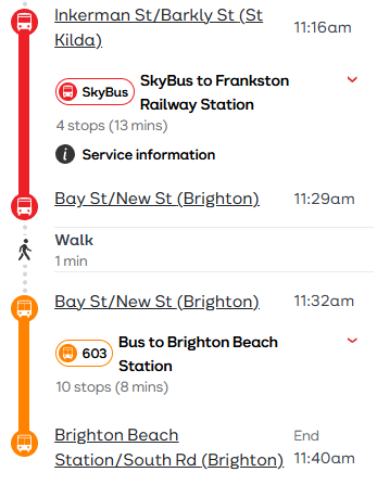 MelbOnTransit's tweet image. Journey Planner craziness. Did you know that TV's journey planner is biased to favour SkyBus even on non-airport trips you can't use it for? Take this trip from Box Hill North to Brighton Beach where it recommends the Frankston Skybus from St Kilda to Brighton. #springst