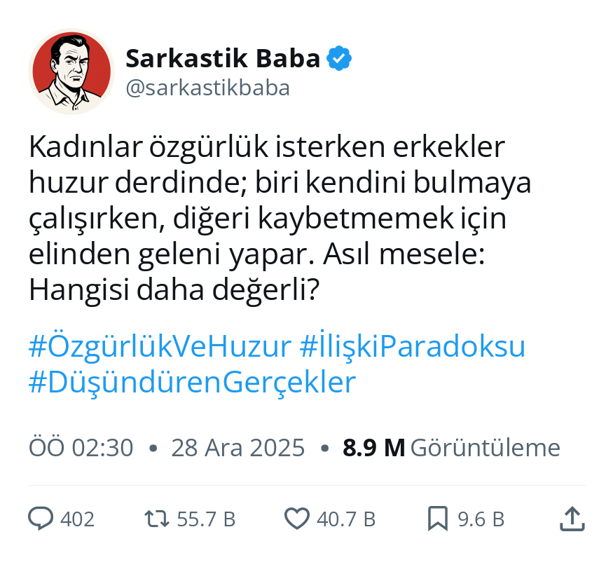 Kadınlar özgürlük isterken erkekler huzur derdinde; biri kendini bulmaya çalışırken, diğeri kaybetmemek için elinden geleni yapar. Asıl mesele: Hangisi daha değerli?

TekBaşrol MetSu Gençliğimizi Yok Saydınız Kenan Yıldız Oğuz Aydın #nedersin #Roboski Recep Tayyip Erdoğan