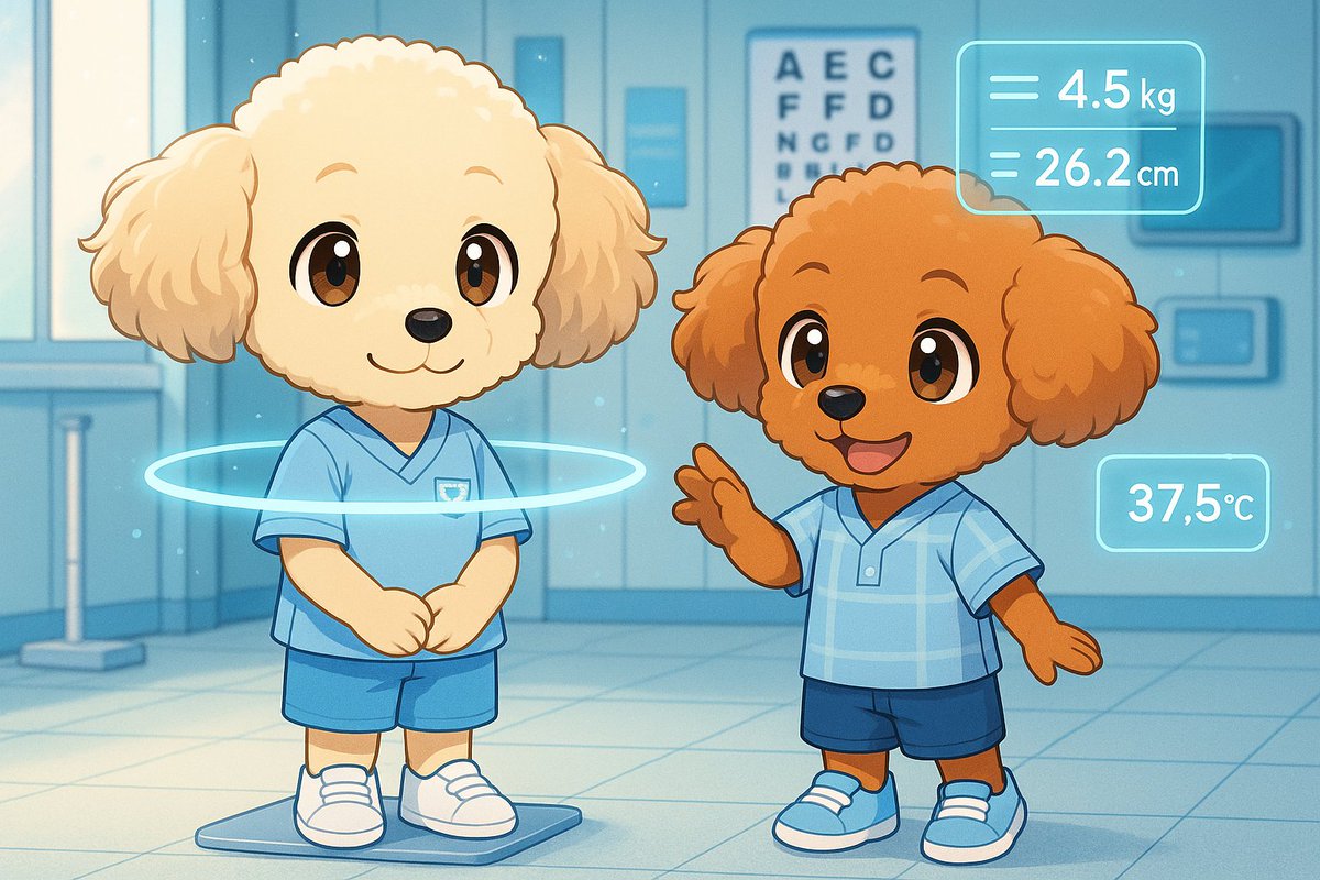 本日のワンショット🐶
🐾ほのぼのシリーズ🐾

身体検査のリングがふわりと回り、兄弟の数値が浮かびあがる✨

くぅちゃんは落ち着いた表情でリングを見つめている😊

てんちゃんはHUDに手を伸ばし、興味たっぷりの様子🐾

でちゅ～～～🐶✨💕💕💕
#愛犬
#トイプー
#AIイラスト
#身体検査の日