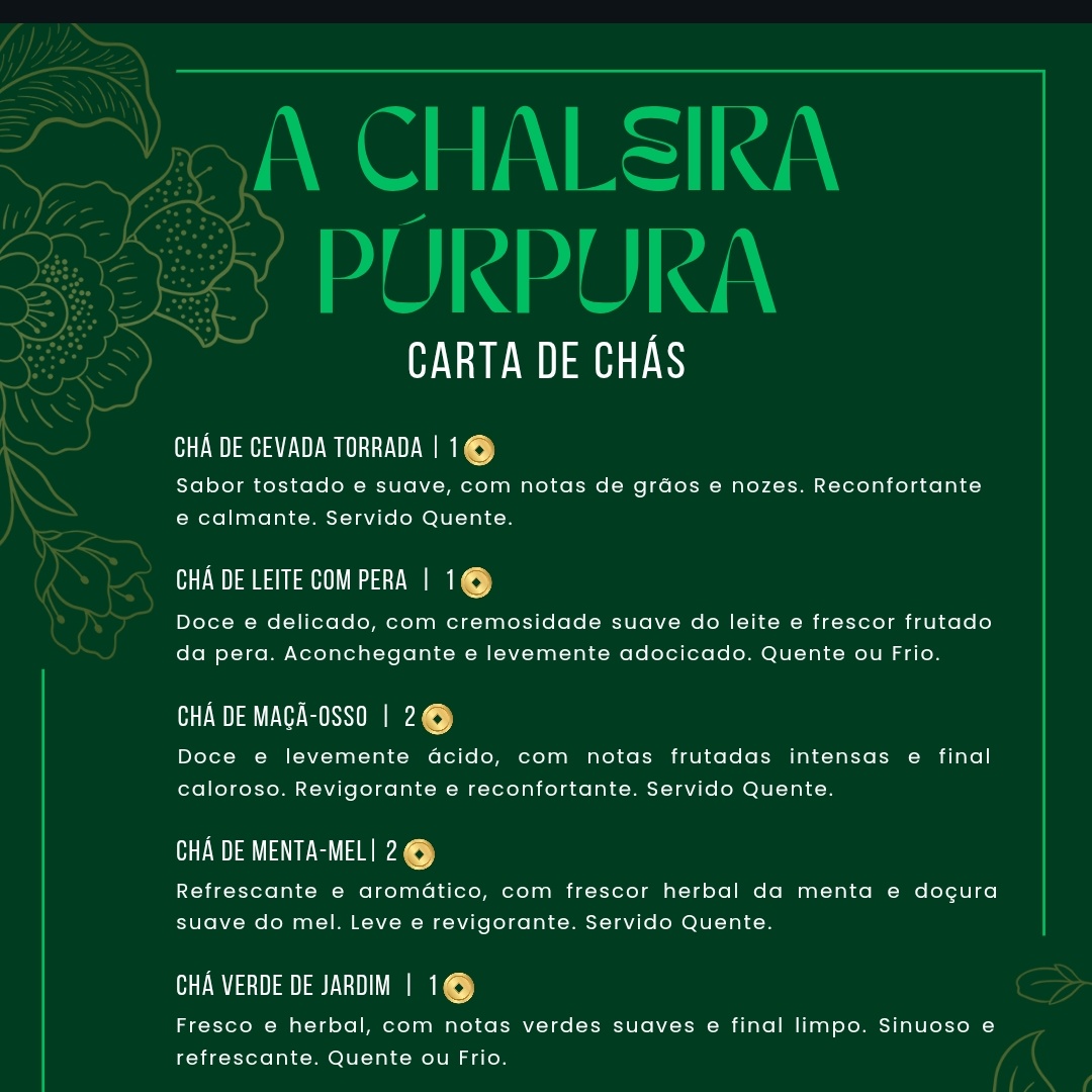 Hoje tivemos a inauguração das casas de chás "Chaleira Púrpura" no Vale dos Sonhos!

Gostaria de parabenizar o Iago, jogador da personagem Ziwu pelo cuidado com cada detalhe.

Desde o convite até o cardápio! Imersão nota 10! Muito obrigada amigo 💚🙏🏽

#WorldofWarcraft #roleplay