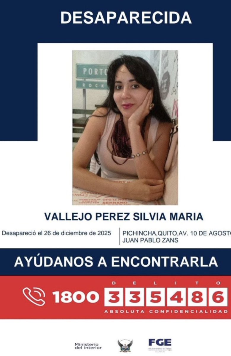 ‼️#URGENTE
Silvia María Vallejo Pérez, reportada como desaparecida el 26 de diciembre de 2025, fue vista por última vez en la av. 10 de Agosto, norte de Quito. Si tienes información que ayude a localizarla, comunícate con las autoridades.