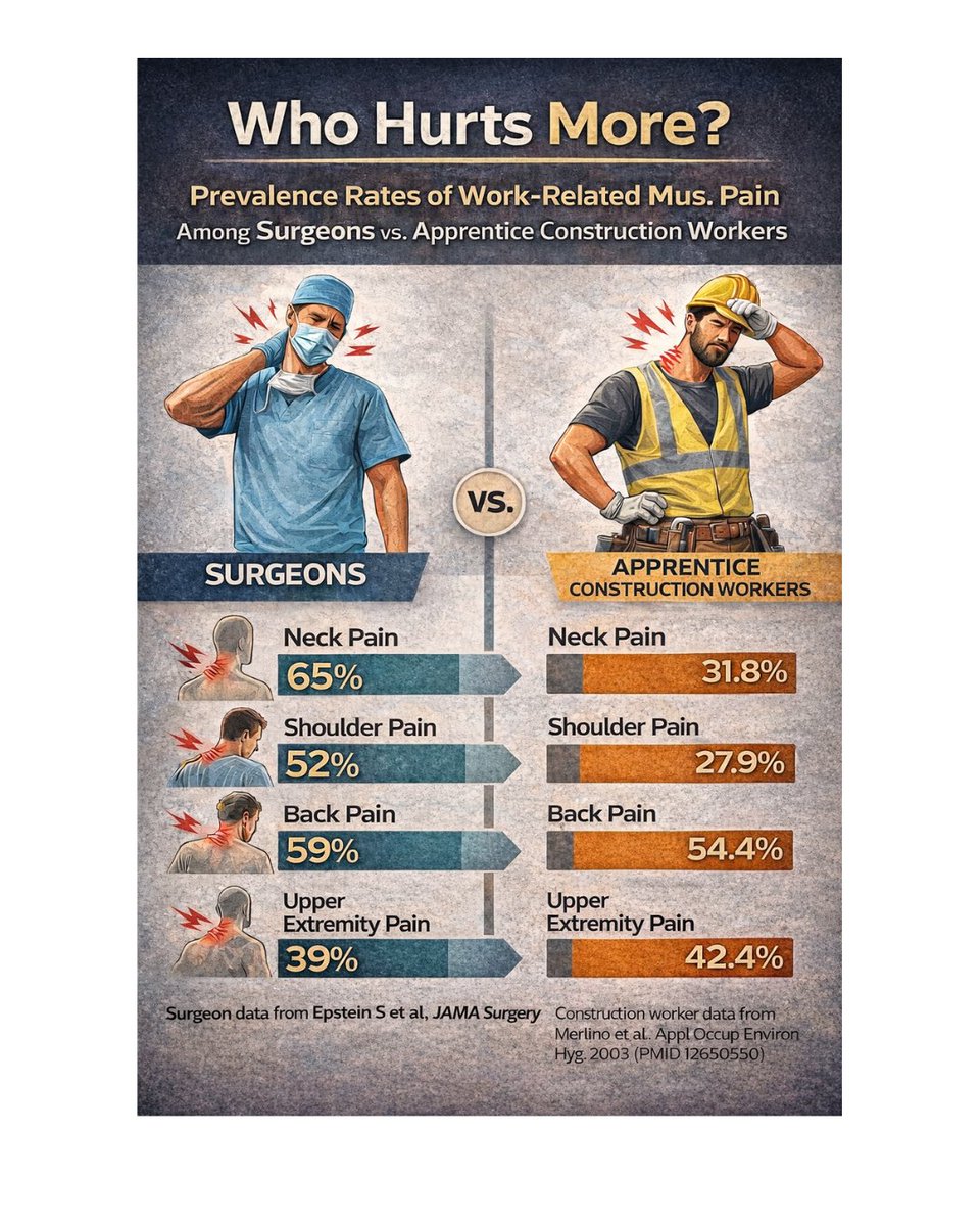 SurgErgonomics's tweet image. Surgeons report neck, shoulder &amp;amp; back pain at rates comparable to apprentice construction workers—using the same MSK questionnaire.

This isn’t “normal discomfort.”
It’s occupational risk.
Ergonomics = surgeon health + career longevity.
@AmCollSurgeons 
#SurgicalErgonomics