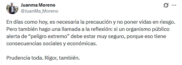 Juanma Moreno fue el primer dirigente político en criticar públicamente las alertas en los móviles, después fue Santi Abascal. Tuvieron que morir 230 personas por la DANA en Valencia para que cambiara de opinión. Hoy en Málaga llegan a móviles las alertas a las que él se oponía.