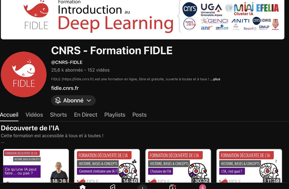 ✳️ Formation à  l’#IA  FIDLE du <a href="/CNRS/">CNRS 🌍</a>. Elle est gratuite, en français, récente et très bien faite. 
Via <a href="/capt_ad_hoc/">capt_ad_hoc</a>
youtube.com/@cnrs-fidle?si…