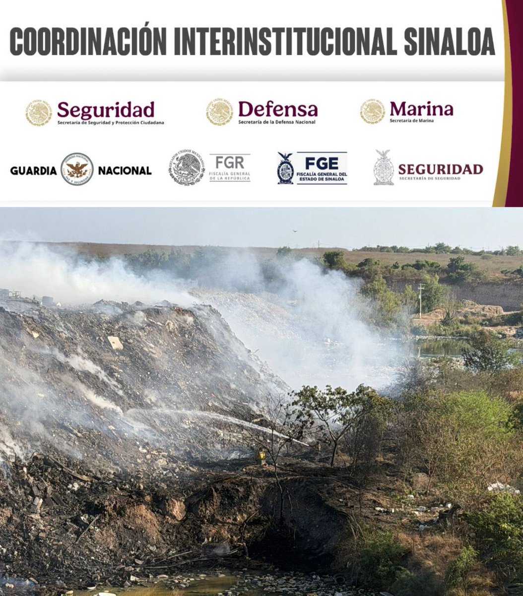 sspsinaloa1's tweet photo. Actualización:

#SSPSinaloa informa que, en relación al incendio de basura en el área del “piggy back", al sur de la ciudad, el Heroico Cuerpo de Bomberos y los servicios de emergencias de #Culiacán, a través de Protección Civil, dan a conocer que se han sofocado las llamas y que llevan un avance del 50 por ciento en el enfriamiento y apagado total del incendio. También continúa el despliegue operativo del Grupo Interinstitucional que mantiene la seguridad en la zona.

Se invita a la población a atender las recomendaciones de las autoridades de seguridad y de emergencia.

Asimismo, se exhorta a no utilizar juegos pirotécnicos, ya que pueden provocar incendios en maleza, viviendas, predios o edificios. Para cualquier emergencia, utilice el 9-1-1 o el 089 para realizar denuncias anónimas.
