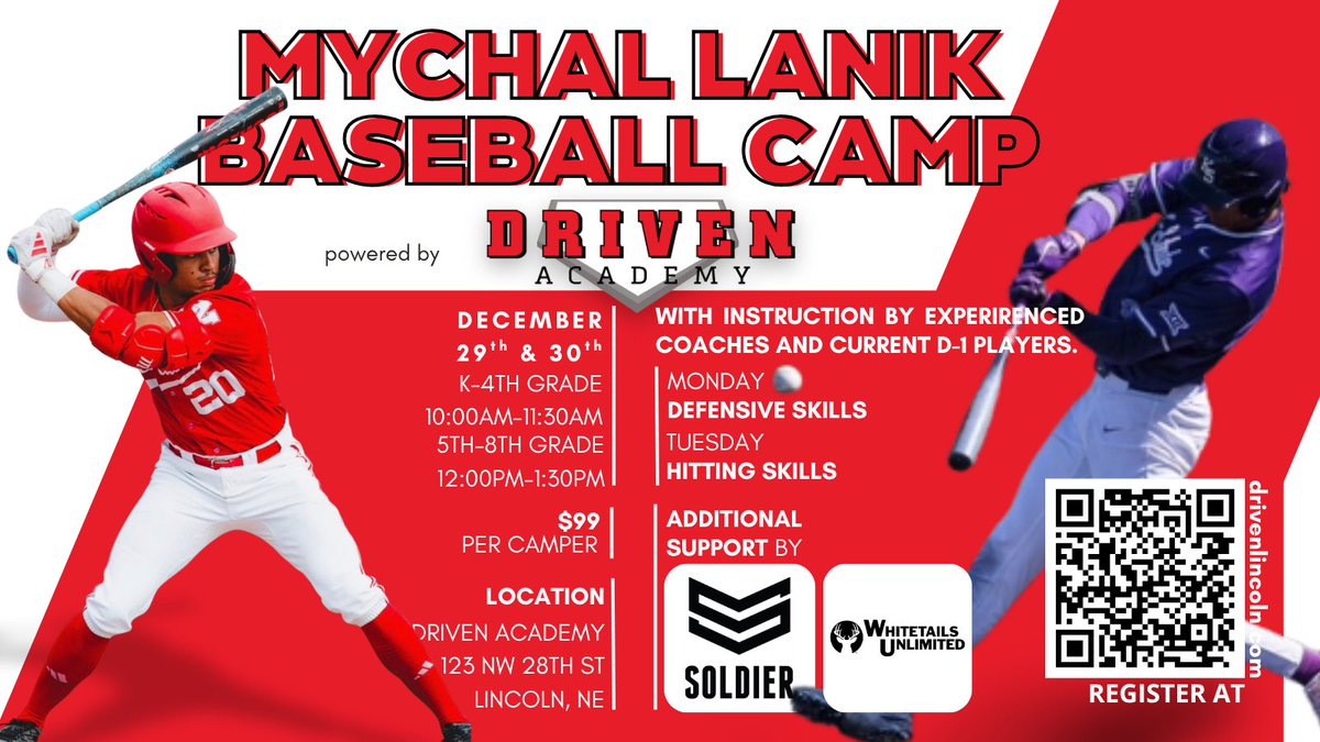 We are less than two days away

Camp will be held at the <a href="/DrivenLincoln/">The Driven Academy</a> location on 49th and Old Cheney
5620 S 49th Street

<a href="/SOLDIERSPORTS/">SOLDIER SPORTS INC</a> gear has been delivered. We have SIX bats/gloves to raffle off + a bunch of new shorts too!

There is still time to register online or DM ME
