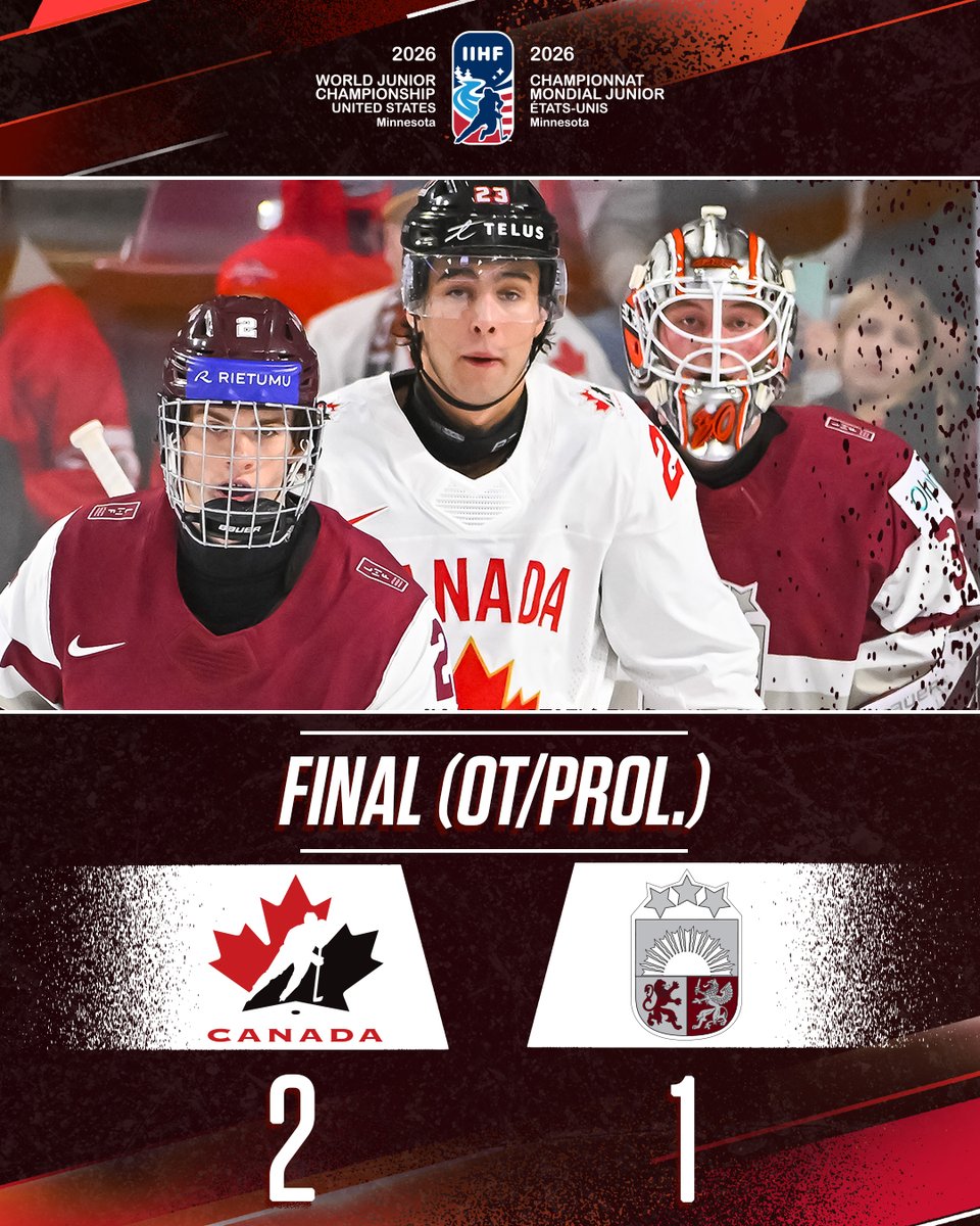 HockeyCanada's tweet image. GAME OVER! Two days, two games, two wins. 🇨🇦🇱🇻

MATCH FINI! Deux jours, deux matchs, deux victoires. 🇨🇦🇱🇻

📊 hc.hockey/WJC122725 
📊 hc.hockey/CMJ122725 

#WorldJuniors | #MondialJunior