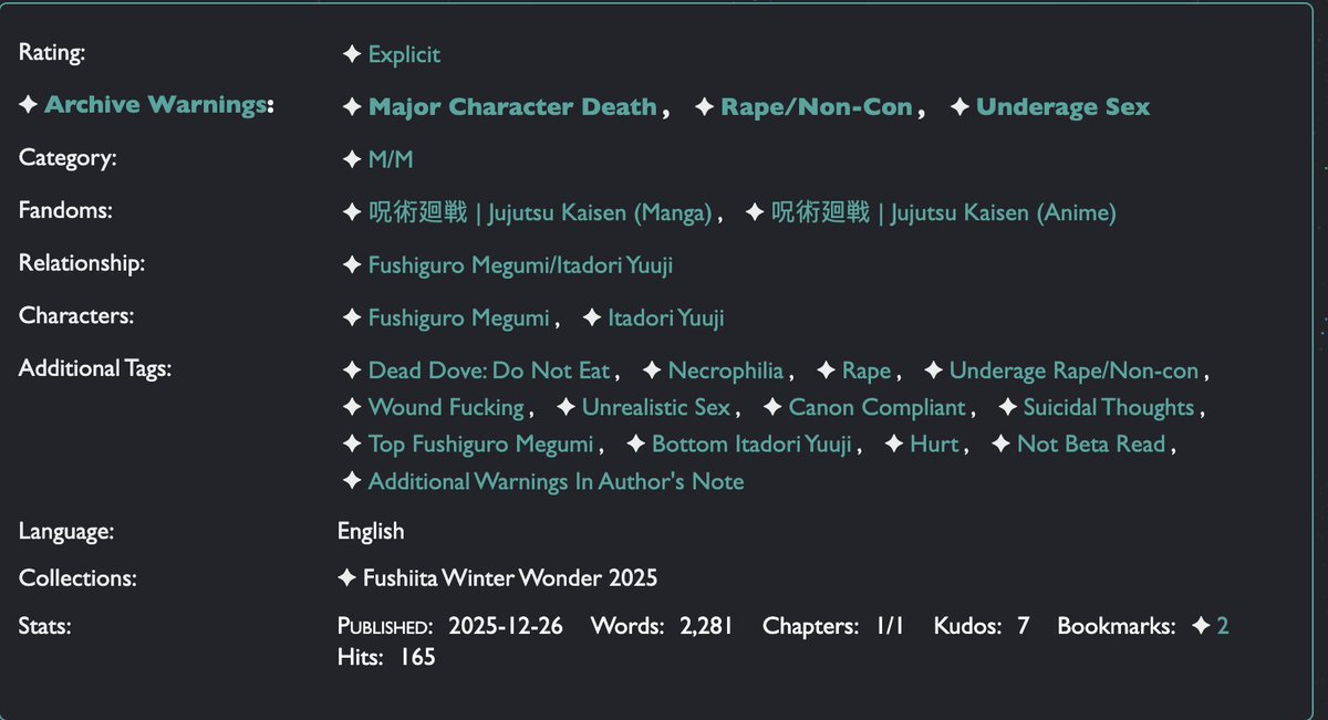 #fushiita #伏虎 🔞 || 𝘥𝘢𝘺 1 &amp; 5 𝘱𝘳𝘰𝘮𝘱𝘵𝘴: dead dove: do not eat , woundfucking , non-con , necro , hurt/comfort , grief 

heed the warnings + the tags <3

🔗: archiveofourown.org/works/76503966