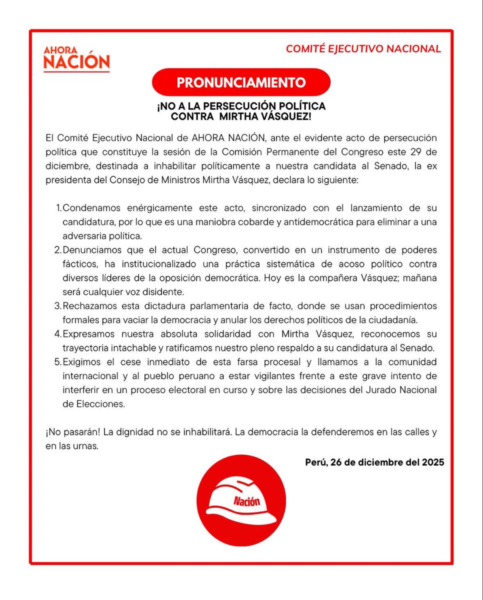 Desde <a href="/Ahora_Nacion/">Ahora Nación</a>, rechazamos la maniobra política del Congreso contra Mirtha Vásquez (<a href="/MirtyVas/">Mirtha Vásquez</a> ), basada en una denuncia sin pruebas, que ignora un informe de la @Contraloría que recomendó archivar el caso, y que vulnera el derecho a la defensa.
Quienes impulsan su