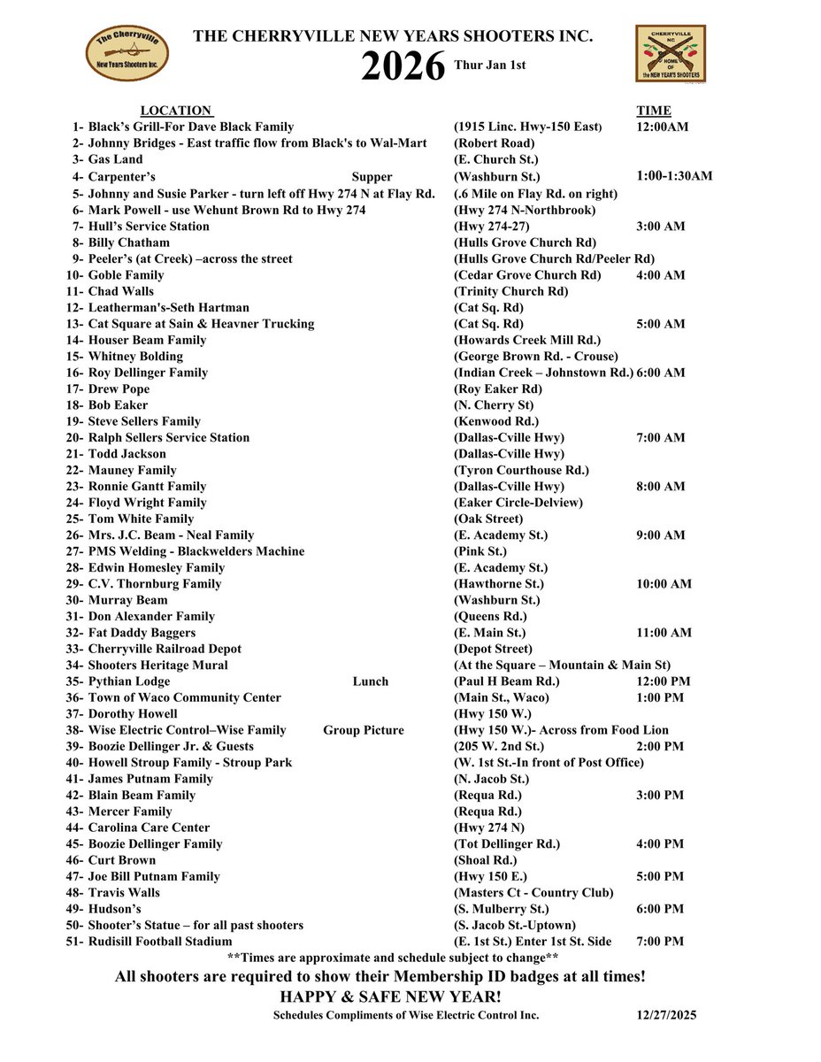 NewYearShooters's tweet photo. The Cherryville New Years Shooters 2026 Schedule! Follow the original shooters on their route, as it has been done for over 200 years. #cherryvilleshooters 

https://t.co/4XouEpgWC6 https://t.co/1MgF4pPYUf