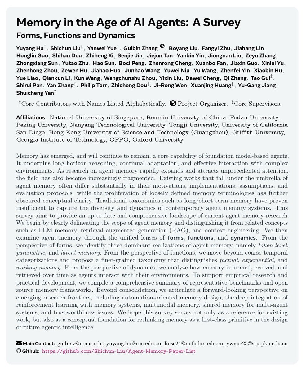 rushtehrani's tweet photo. "Memory in the Age of AI Agents" argues that agent memory has become fragmented and earlier papers miss newer directions like tool/skill distillation from experience and  memory-augmented test-time scaling. It proposes a unified taxonomy around Forms, Functions and Dynamics https://t.co/7PDJFtmQVi