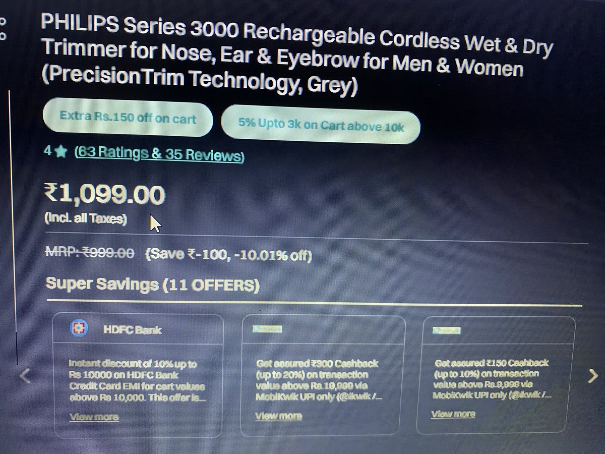 What kind of discount is that? <a href="/cromaretail/">Croma</a> kindly explain! A thing that costs ₹999.00 is costing ₹1099.00 ? And the website is mentioning to save ₹-100/ -10.01% Off! 🤔 Please rectify this at the earliest. <a href="/jagograhakjago/">Consumer Affairs</a> <a href="/TataCompanies/">Tata Group</a> this wasn’t expected from YOU or #TATA