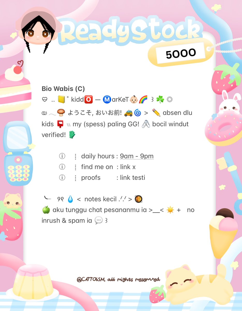 CATTOlSM's tweet image. ⣠ ︵  ♥︎  help repost?  tysm &amp;lt;3 ⭐️🎀  𓂅

◠  ⢸⠀ alline ada 3 wording  bio  wabis  kidcore  bocil  ready  stock. . 🎶🍏  𓂃 . εїз   hanya  5k .ᐟ.ᐟ  &amp;gt;___%   💬👧🏻   ▷  ketuk  DM  sekarang. . ✋🏻 ₊˚𓂂

☆ —— tap alt for details! . . 🐈💧
zonauang  %  zonajajan  %  zonaba