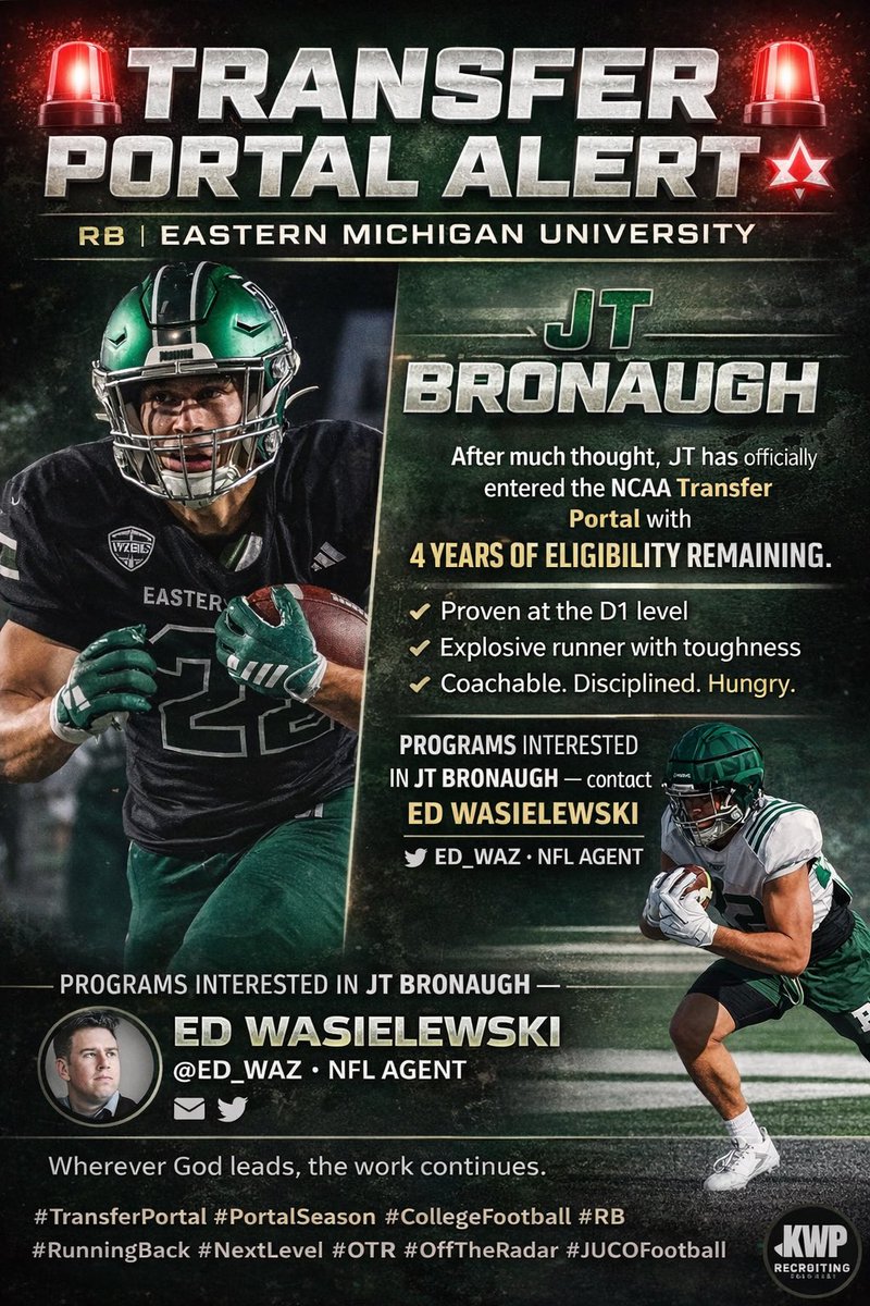 KWPRecruiting's tweet image. #KWPRecruitingPortal | @BronaughJt | RS FR | RB | @ EMU | Represented by : @ed_waz |

@KWPRecruiting | @OTR_OffTheRadar 

– This kid should not be in the portal long January 2nd ! Big and fast ! Does have some wiggle to his run but this kid is a one cut home run kind of back !…