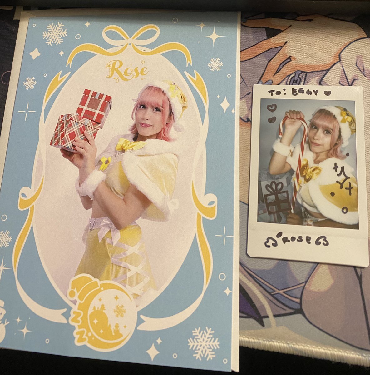 EggyDrago's tweet image. oyasumimi rose holiday card and cheki pulled through 🕺💃🕺💃💃🦅🦅🦅