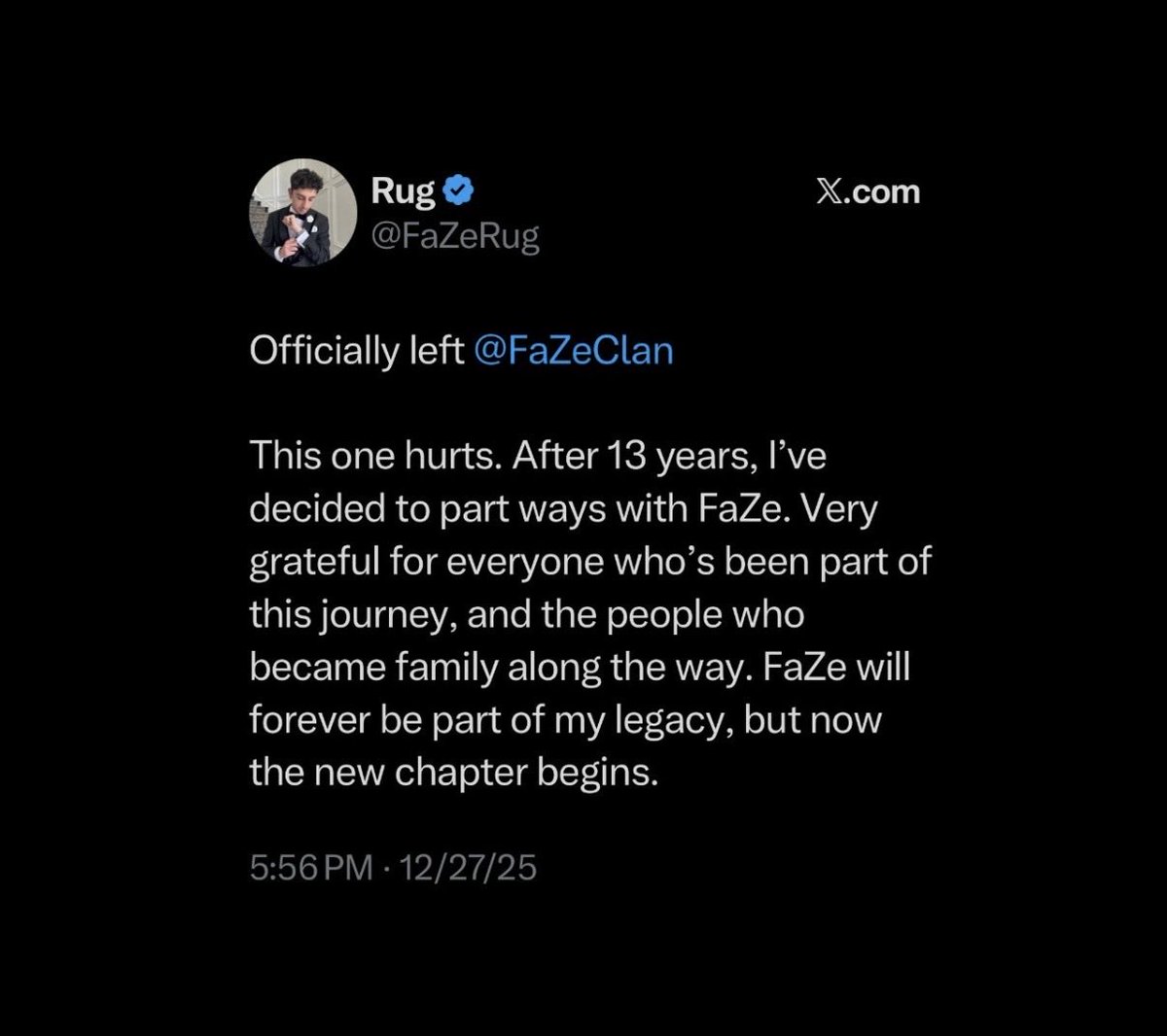 c1eooo's tweet photo. FaZe Rug announces he has left FaZe Clan after 13 years of being on the team https://t.co/xL8l71dAh7