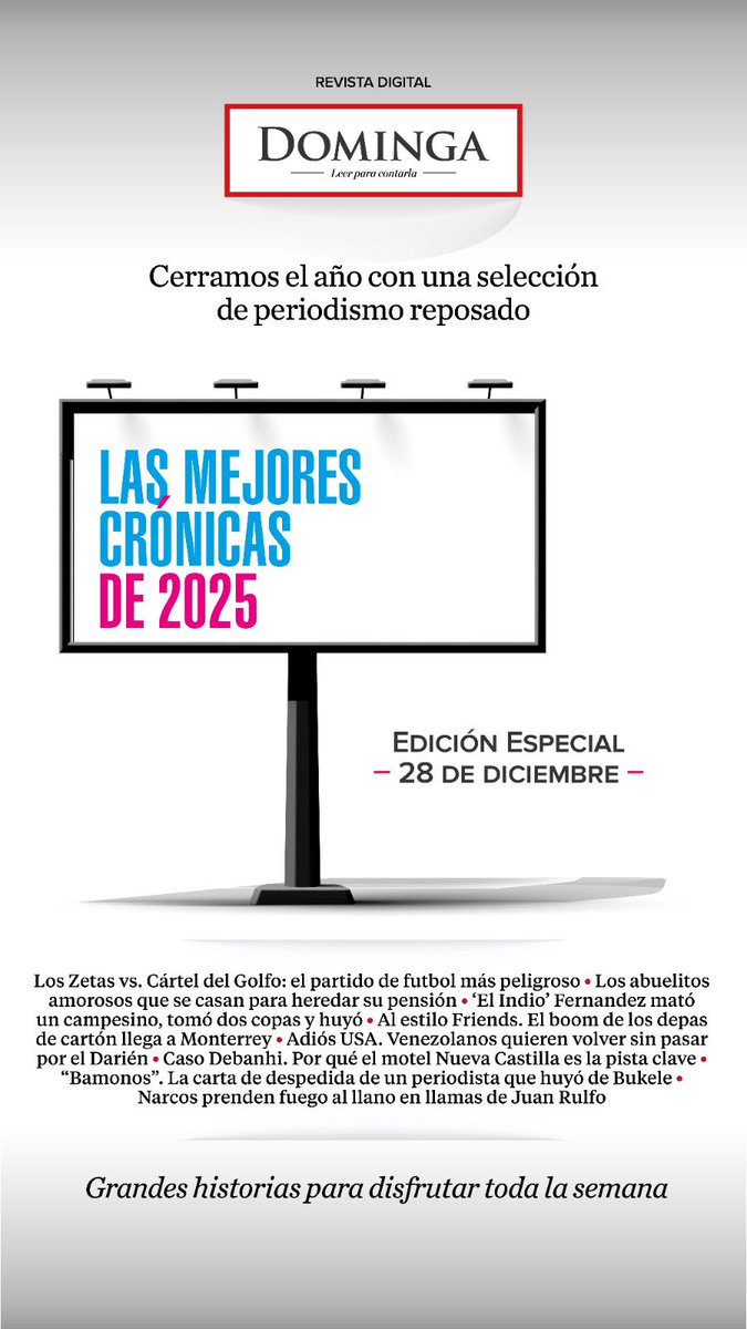 dominga_milenio's tweet image. Adiós 2025, Hola 2026 🎉🥂

Y en #Dominga nos despedimos de este gran año con las 8 mejores crónicas publicadas con historias de #periodismoreposado.

Mañana la edición especial tendrá los textos que ustedes más consintieron durante el año.

Desde @LauraSanchezLey y…