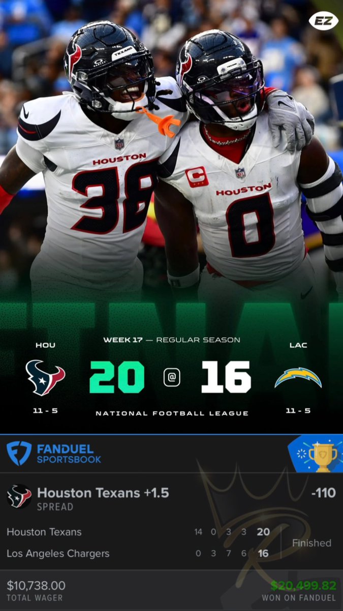 Razor_Lines's tweet photo. ✅Texans +1.5 -110 $10,738

💰$100k💰Ladder Challenge

🪜Step 1: $1000➡️$2750 Cowboys -2 +175✅
🪜Step 2: $2750➡️$5369 Packers +3 -105✅
🪜Step 3: $5369➡️$10,738 Lions -3.5 +100✅
🪜Step 4: $10,738➡️$20,500✅

#gamblingtwitter #nfl https://t.co/mvKadAd0yG