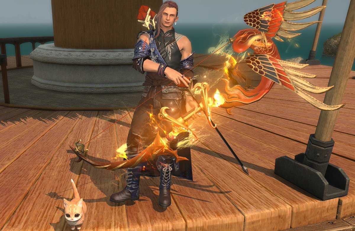 SrinityFF's tweet image. Ywain's bard glam. I liked the contrast of the fiery bow with the dark colors of his outfit. Also finally bought him a FC room today and it's already quite comfy. 😴🐈
#Hyur #Midlander