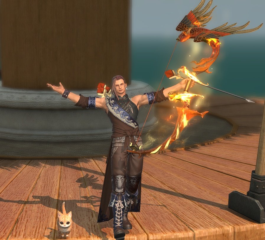 SrinityFF's tweet image. Ywain's bard glam. I liked the contrast of the fiery bow with the dark colors of his outfit. Also finally bought him a FC room today and it's already quite comfy. 😴🐈
#Hyur #Midlander