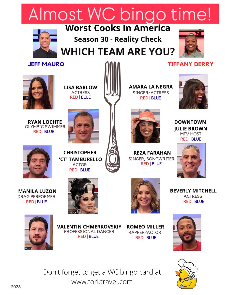 ForkTravel's tweet image. 2026 is almost here AND a new season of Worst Cooks. @jeffmauro and @MasterChefTD will put the new group of recruits will put through their paces to see who can win $25k for their charity. New bingo cards will be up on forktravel.com before each episode. 
(1/2)
