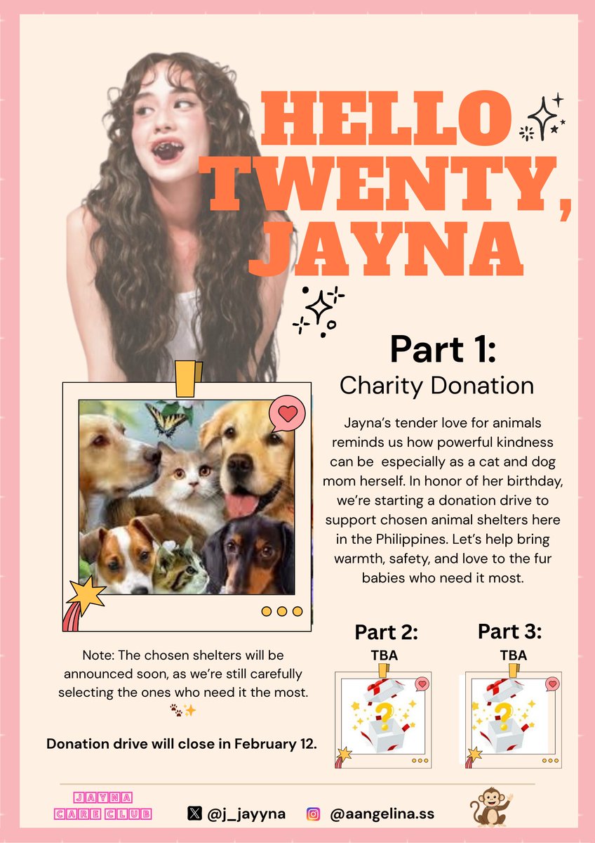 JaynaCareClub's tweet image. 𝗛𝗲𝗹𝗹𝗼 𝗧𝘄𝗲𝗻𝘁𝘆, 𝗝𝗮𝘆𝗻𝗮! 💛

Our little monkey is now growing into a beautiful adult! To celebrate her birthday, we’re starting the donation drive. The goal may not be big, but our love for Jayna surely is. 🐾✨

Part 1: Charity Donation (Animal Shelter)
Part 2 &amp;amp; Part…