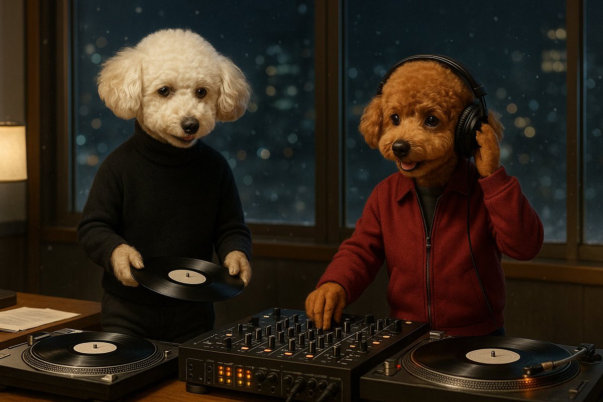 本日のワンショット🐶
🐾実写風シリーズ🐾

雪の街を背に、兄弟が深夜の選曲に没頭する🎵❄️

レコードが回るたび、スタジオに冬の魔法が灯る🌙✨

音で語る兄弟の夜は終わらない🔥🎧

でちゅ～～～🐶💕💕💕
#トイプー
#犬好きさんと繋がりたい
#AIイラスト
#ディスクジョッキーの日
