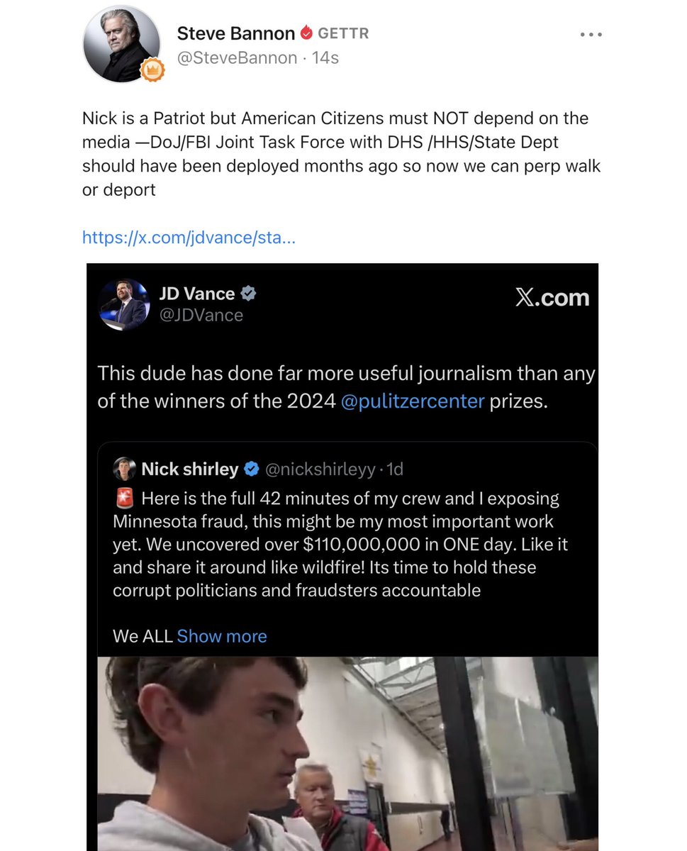 gc22gc's tweet image. Nick is a Patriot but American Citizens must NOT depend on the media —DoJ/FBI Joint Task Force with DHS /HHS/State Dept should have been deployed months ago so now we can perp walk or deport 

x.com/jdvance/status…