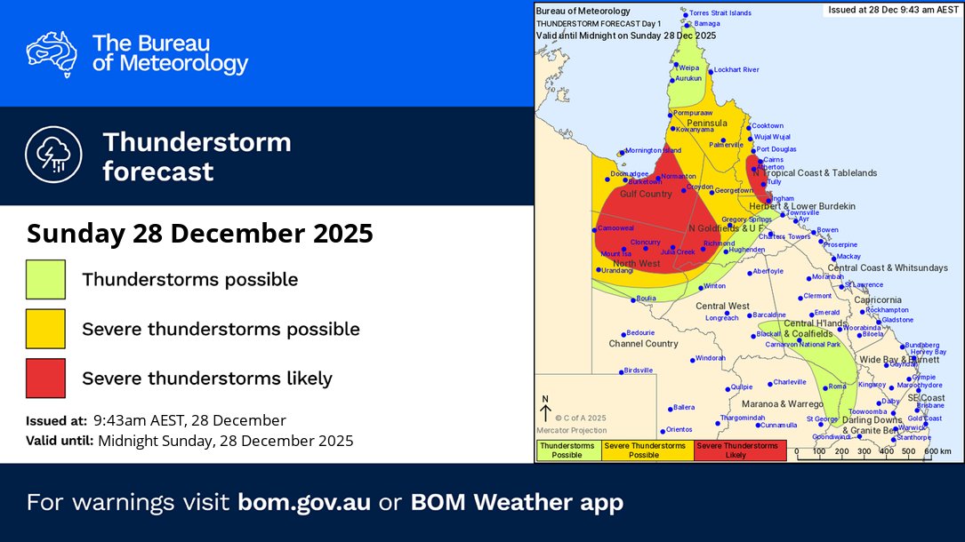 BOM_Qld's tweet photo. ⛈️Today's thunderstorm forecast (28/12)
🟢Thunderstorms possible north of #Boulia to #Townsville
🟡Severe thunderstorms possible across north and far north #Queensland
🔴More likely through #GulfCountry #NorthernGoldfieldsUpperFlinders #NorthTropicalCoast

https://t.co/4B5ukOXCcR https://t.co/E9HTihquWR