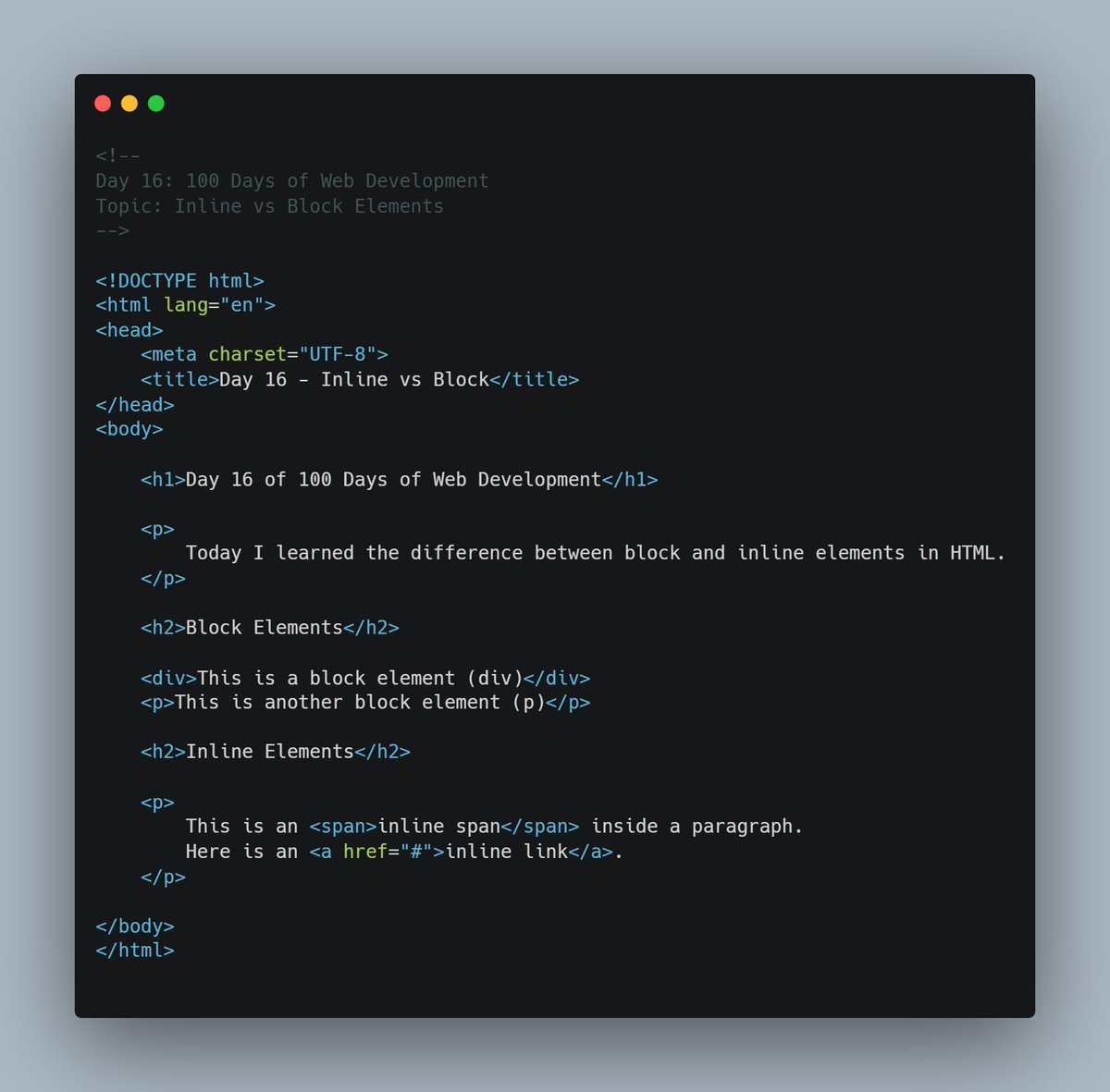 thetechgirlgita's tweet photo. Day (16/100) Web Development Learning Challenge
What I learned today:
1. Learned the difference between inline and block elements
GitHub repository: https://t.co/n06mOyX0ev
#100DaysOfCode #WebDevelopment #HTML #Day16 #thetechgirlgita
#100daysofchallenge #recentgraduate https://t.co/dGwgnWI5G4