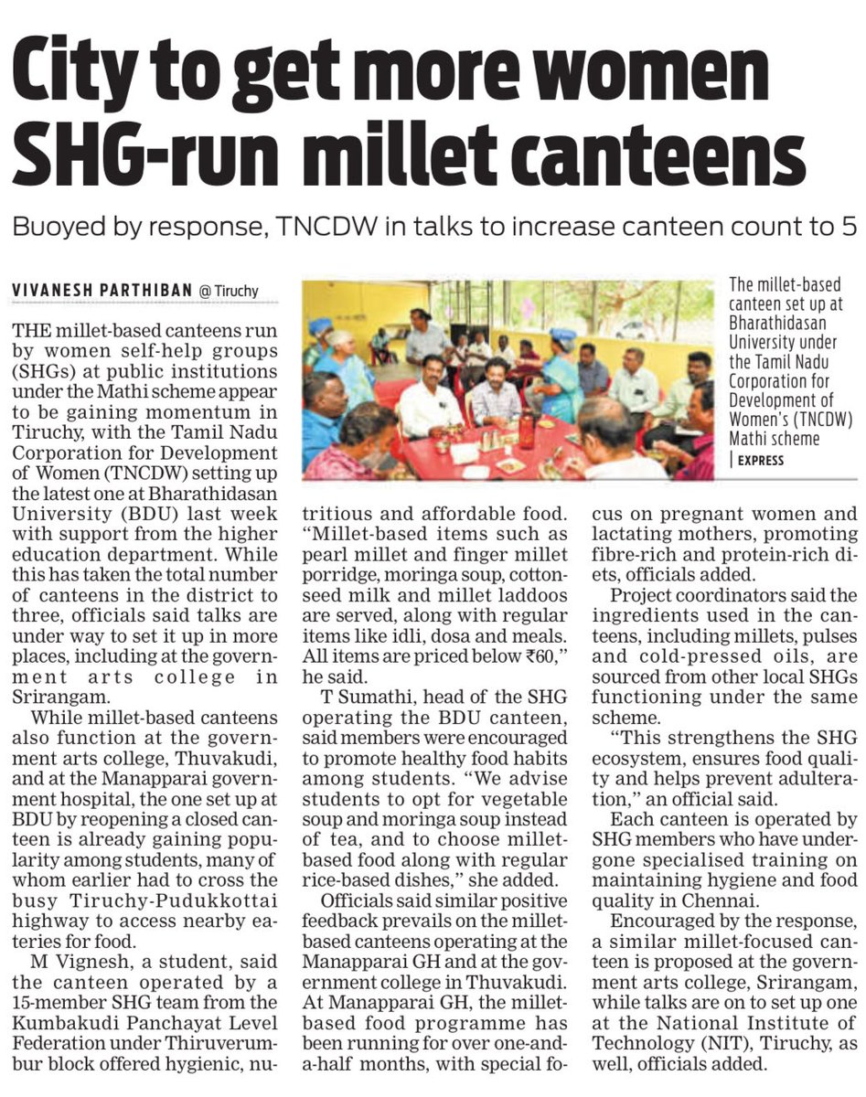 VivaneshTNIE's tweet photo. Millet-based canteens under the #Mathi scheme are gaining momentum in #Tiruchy’s public institutions ! The latest one at #BDU offers affordable, healthy food on campus. More canteens planned in Srirangam Govt Arts College &amp; NIT-T. #TNCDW @xpresstn https://t.co/KQJJPb5232
