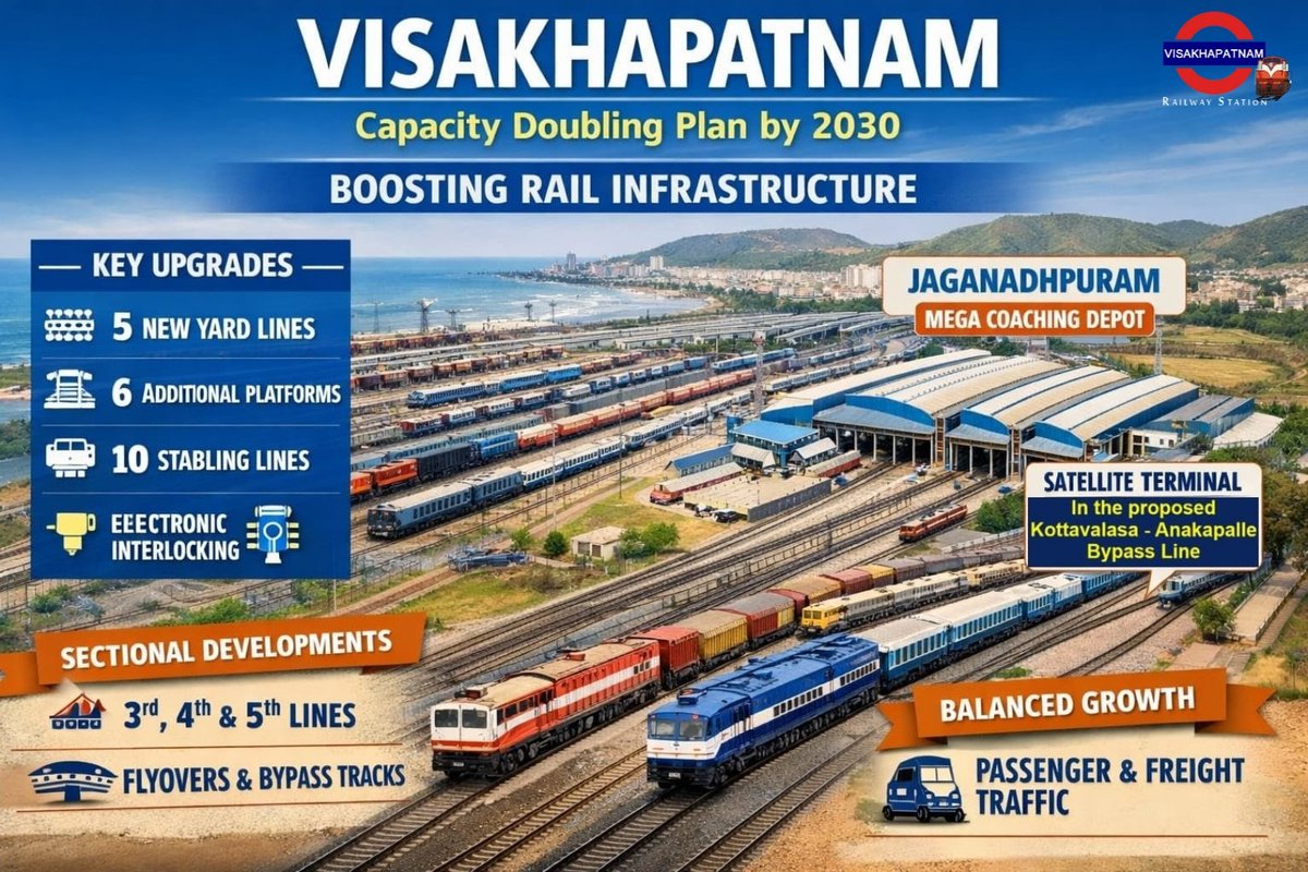 VisakhapatnamJn's tweet image. Post : 338/25-26

🚆 Visakhapatnam rail boost
ECoR plans to double train origination at VSKP by 2030.

Yard remodelling, new platforms, stabling lines &amp;amp; EI.
Jaganadhpuram satellite depot + bypass terminal.

Phased upgrade for passenger &amp;amp; freight growth.

#IndianRailways #VSKP
