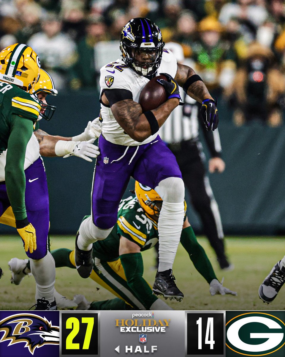 NFL's tweet image. HALFTIME: Three Derrick Henry touchdowns have the @Ravens out front.