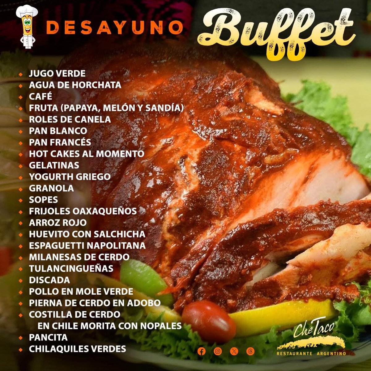La mañana se empieza rico 😋
📆 Domingo 28 de diciembre
🕣 9:30 am a 12:30 pm
💲 265 p/p niños menores de 10 años sin costo
📞 7711939148 
📍 Blvd. Colosio 1207 Pachuca Hgo.  #familia❤️ #gourmetfood #desayunobuffet #DesayunoBuffet #ñiños #pachucahidalgo #pachuca <a href="/ConectaPachuca/">Conecta Pachuca</a>