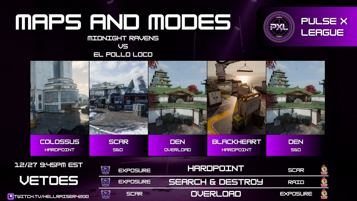 Our first matchup of the night is STARTING NOW!

🐦‍⬛Midnight Ravens🐦‍⬛vs 
🐔El Pollo Loco🐔

twitch.tv/hellraiser4200

(Join our discord for more info!)
discord.gg/pulsexleague