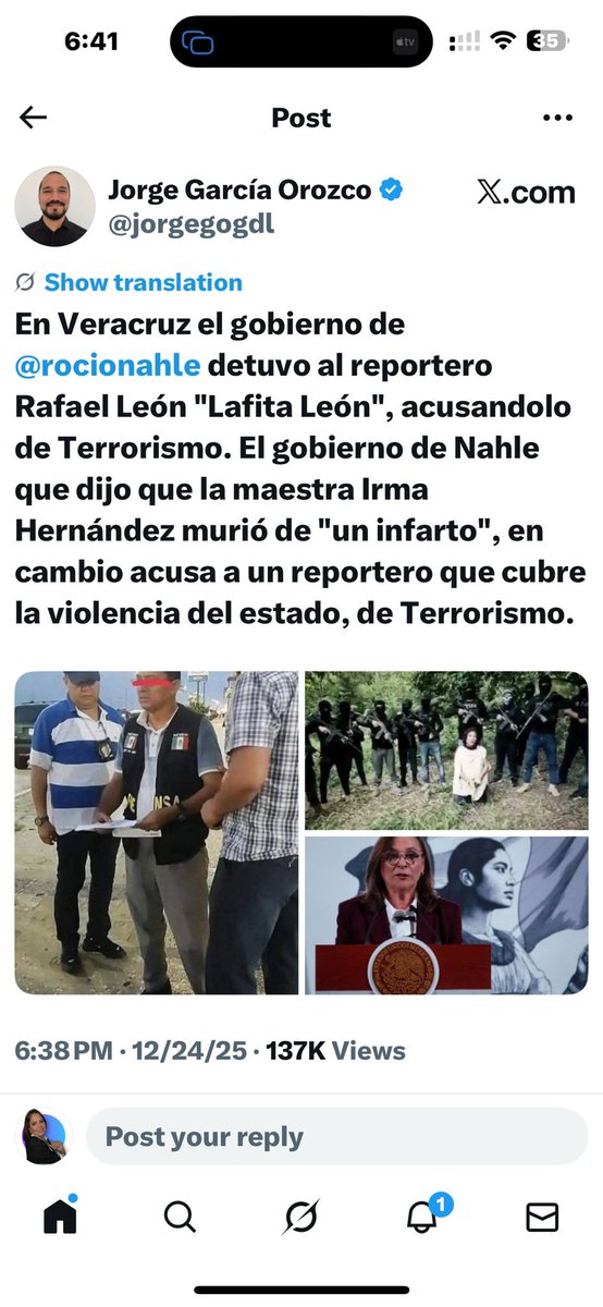 soylausus's tweet image. Y sigue la mata dando…😡😡😡
#MorenaPartidoNarcoTerrorista
#AbusoDePoder 

Detienen a:

1.- Un reportero que cubre la violencia en el estado es acusado de #Terrorismo 
#RafaelLeonLibre #Veracruz

2.- Una chica en redes sociales por “ataques al honor de un servidor público….”