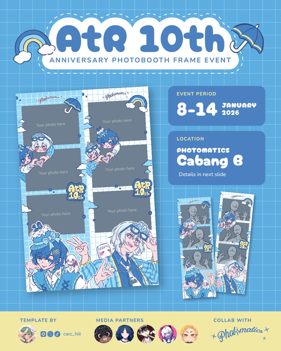 arghkaashi's tweet photo. "...has the rain stopped?" ☔🌈

[ 🇮🇩 Indonesian event ]
Let's celebrate AtR's 10th anniversary and capture the special moment through a photo frame event 📸

🗓 8-14 January 2026
📍 Photomatics

🎁 Giveaway hashtag:
#AtR10thGiveaway

☎ Contact person | 🎊 Event by:
@cacc_hiii https://t.co/T3KeP9v1ZW