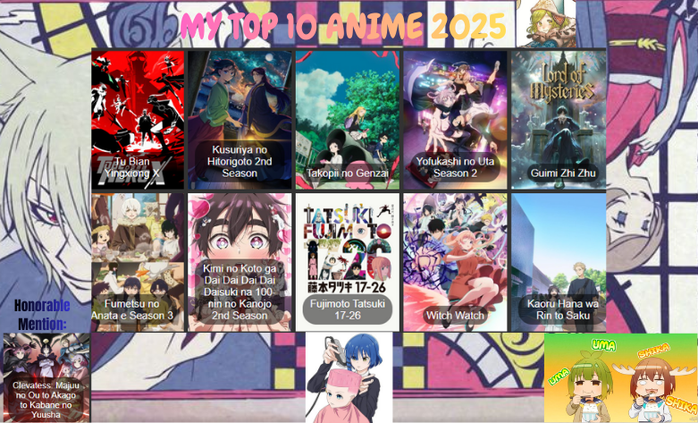 Rippin88s's tweet photo. My Top 10 anime of 2025. 10-11 were practically identical so included an HM.😹 https://t.co/ElCMJjWk9B