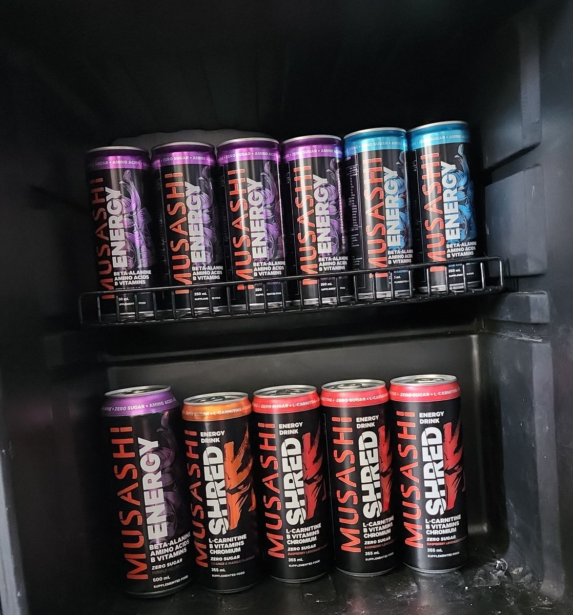Stream room fridge stacked ready for the new year streams &amp; gym sessions! 🔥 #Musashi