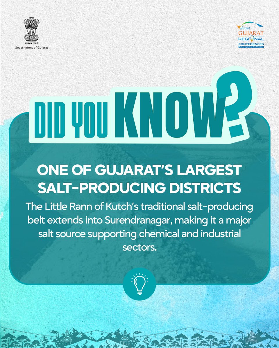A land shaped by salt and resilience, 
Surendranagar, along with the Little Rann of Kutch, forms one of Gujarat’s largest salt-producing belts, powering chemical industries and essential mineral supply chains.

Generations of traditional salt workers continue to fuel an economy