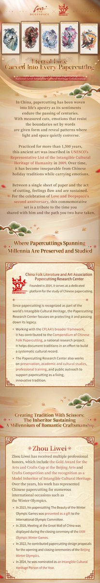 Love_Deepspace's tweet photo. Love and Deepspace × Chinese Papercutting
National-Level Intangible Cultural Heritage Special Educational Collaboration Released!
🪐2nd Anniversary Discord Celebration: https://t.co/FxnhFCpLMt

Papercutting speaks without words, yet between the blank spaces, it carries the deepest emotions.
Every cut on paper etches a blessing; every carving engraves unspoken love.

💫Five custom intangible cultural heritage papercutting collectibles recreate the bond with him in Deepspace.
After dozens of intricate steps, nearly a hundred drafts, and almost 23 layers of meticulous carving, the timeless emotions of the East, expressed through the art of negative space.

💫Instructor: The inheritor of the intangible cultural heritage papercutting project, Zhou Liwei.

Special thanks to the China Folk Literature and Art Association Papercutting Research Center!

This specially crafted set of papercutting collectibles commemorates the 2nd Anniversary of Love and Deepspace, honoring every moment shared along the journey.
———
Celebrate the 2nd Anniversary with community events and surprise drops!
🪐Log in to redeem Ver. 5.0 Reward codes: https://t.co/gBq5FXfHfV
#LoveandDeepspace #LADS2ndAnniversary #ThroneofEros