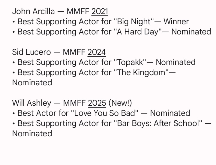lovewillashley's tweet image. Will Ashley joins John Arcilla and Sid Lucero as actors who achieved double nominations at the Metro Manila Film Festival.

This is what growth, grit, and undeniable talent look like. So proud to witness this moment—Will Ashley, you did THAT! ✨

MOVIE STAR WILL ASHLEY